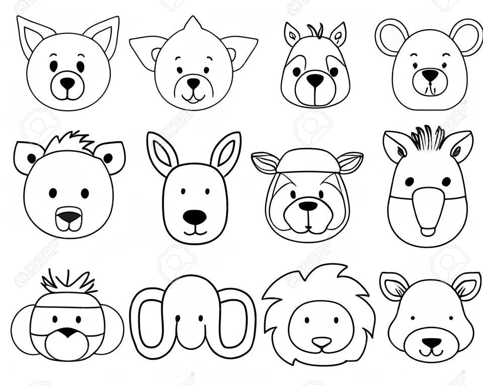 Una serie di teste di animali in stile cartone animato infantile. Icone, semplici contorni per l'arredamento, clip art, Cute Fox, giraffa, elefante, leone, toro. Sagoma, illustrazione vettoriale di schizzo.