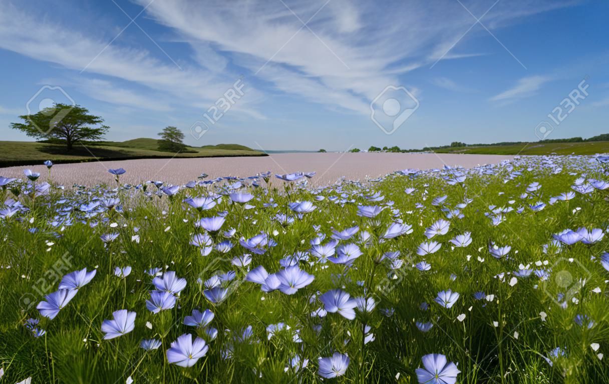 Dziedzinie roÅ›lin oleistych siemiÄ™ lniane lub lnu (oleistego Linum usitatissimum) w peÅ‚nej niebieski kwiat