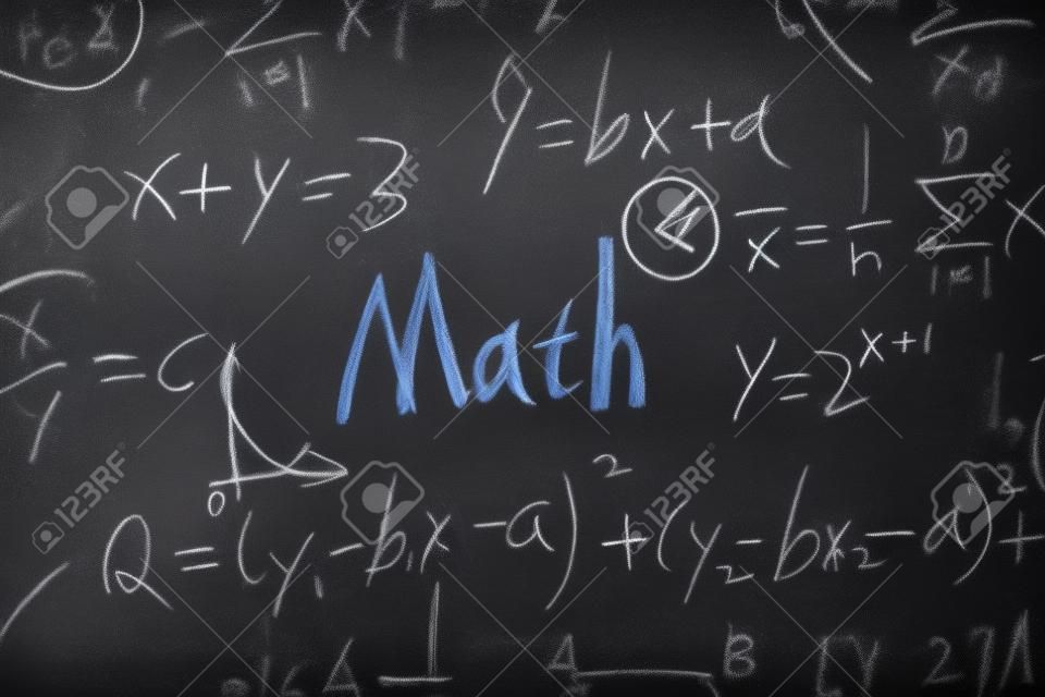 Math text with some maths formulas on chalkboard background.