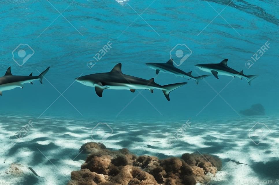 Grupo de tubarões de recife de ponta preta nada na Polinésia Francesa de Moorea