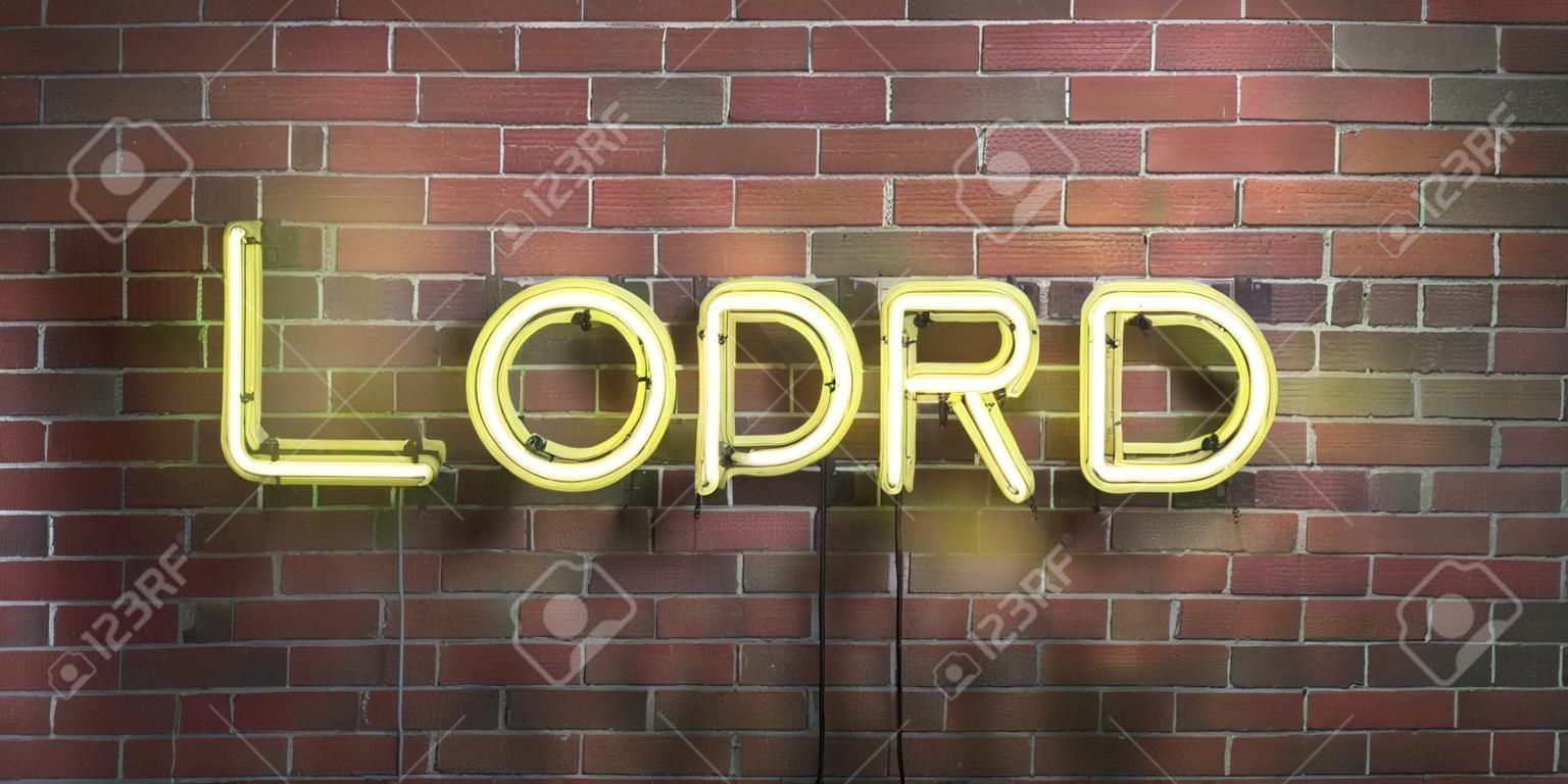 LORD - fluorescent Neon tube Sign on brickwork - Front view - 3D rendered royalty free stock picture. Can be used for online banner ads and direct mailers.