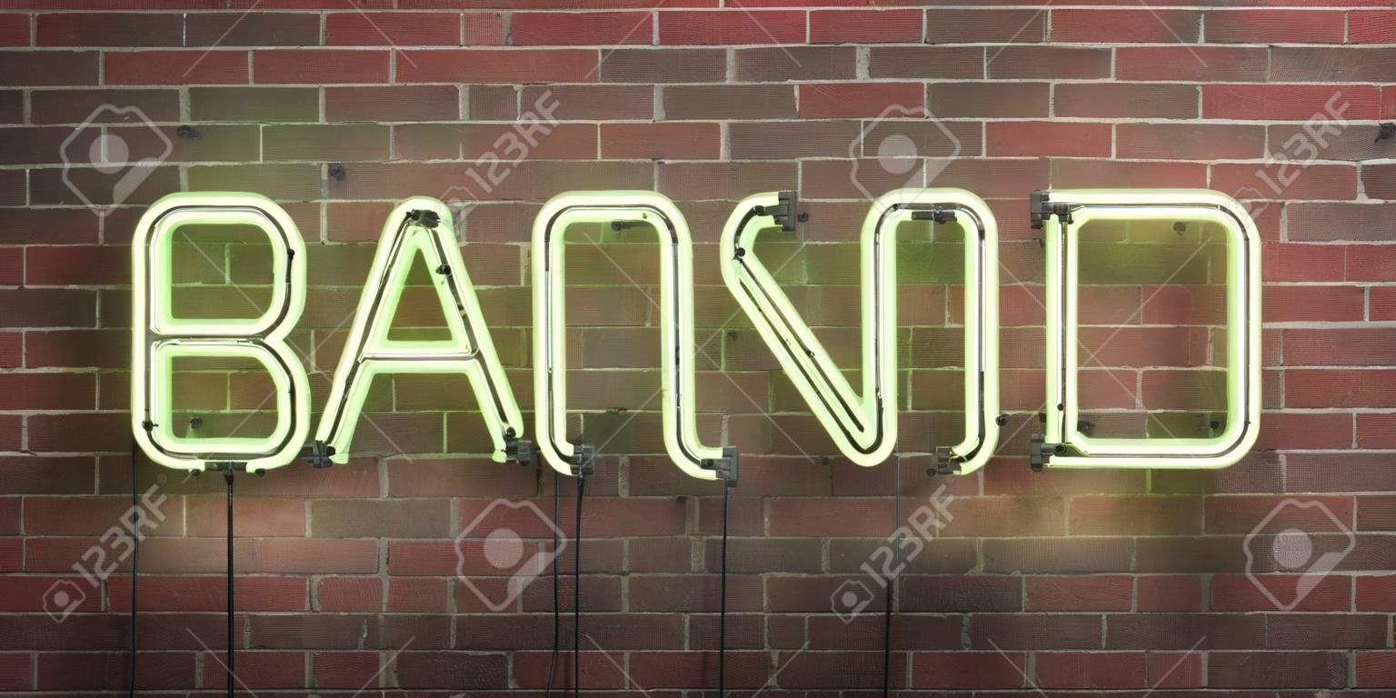 BAND - fluorescent Neon tube Sign on brickwork - Front view - 3D rendered royalty free stock picture. Can be used for online banner ads and direct mailers.