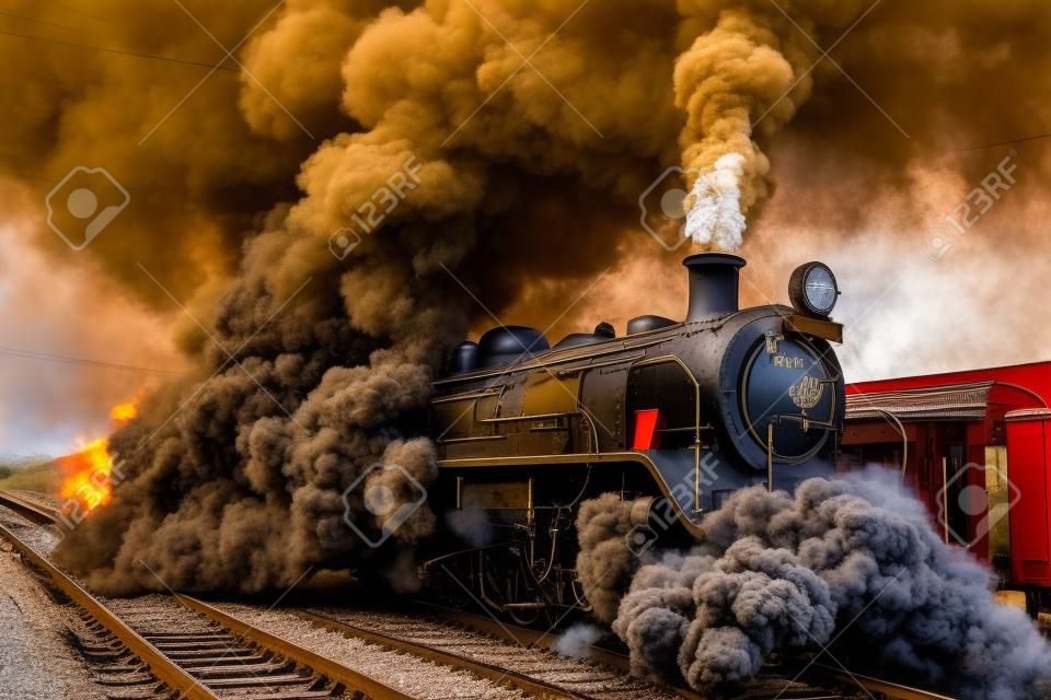 Steam train locomotive with passenger coaches closeup exhuasts pulls out of countryside station with smoke exhaust fumes.