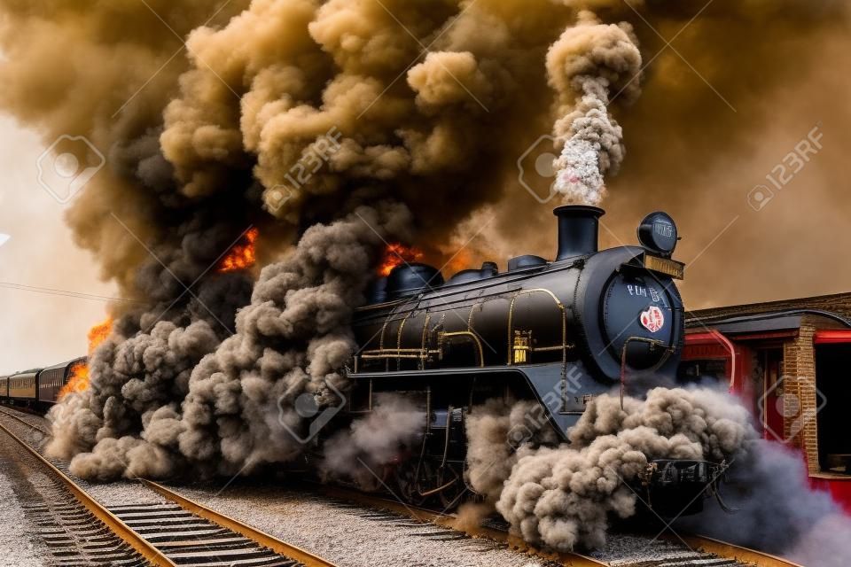 Steam train locomotive with passenger coaches closeup exhuasts pulls out of countryside station with smoke exhaust fumes.