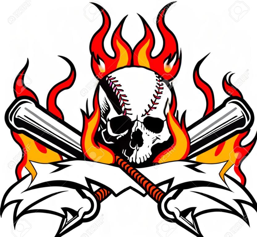 Flaming Bates de béisbol y la imagen de la plantilla de cráneo