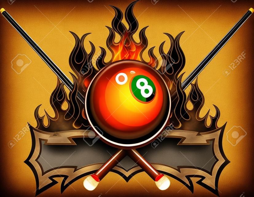 Flaming Billard Eight Ball mit Cue-Sticks Vorlage mit Feuer brennend Flames