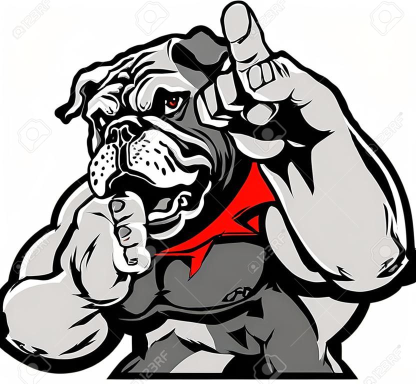Cartoon Vector Mascote Imagem de um Bulldog Flexing Braços e Segurando Campeão Dedo