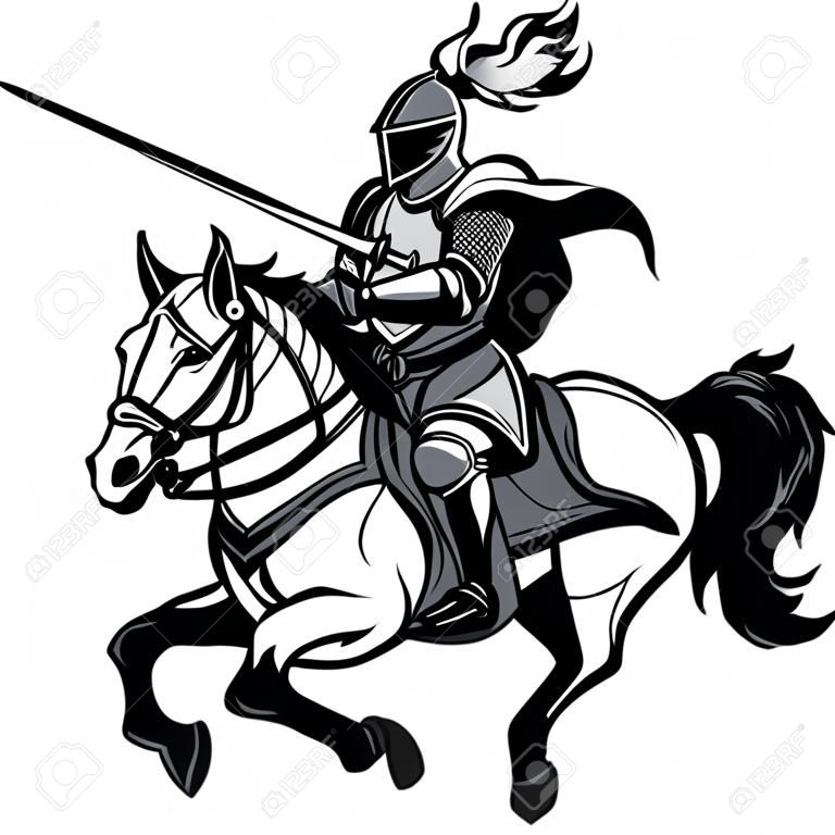 Ritter mit Rüstung auf einem Pferd und Fechten