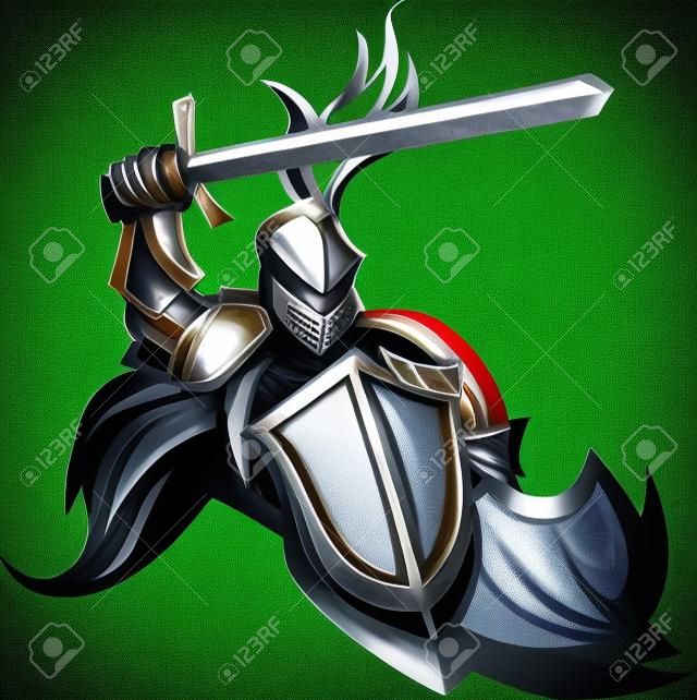 中世の騎士の鎧マスコット保持盾と剣を指す身に着けています。