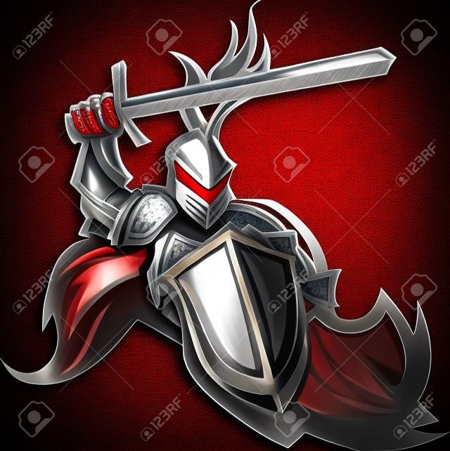 中世紀的騎士穿著盔甲吉祥物拿著盾牌和指點劍