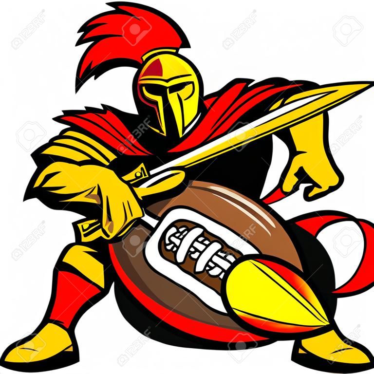 Espartano grego ou soldado romano Mascot apunhalando uma bola de futebol americano