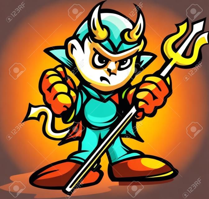 Cartoon Vektor-Illustration eines Kid Tough Dämon oder Teufel mit Heugabel in den Händen