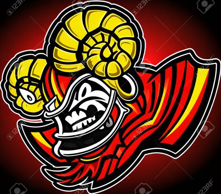 Graphic Vector Sports lmage of a Snarling American Football Ram Mascot with Horns on Football Helmet