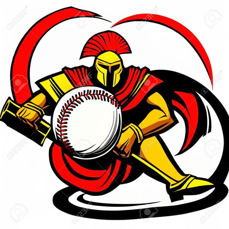 Greek Spartan oder römische Soldat Mascot Stabbing einen Baseball-Ball