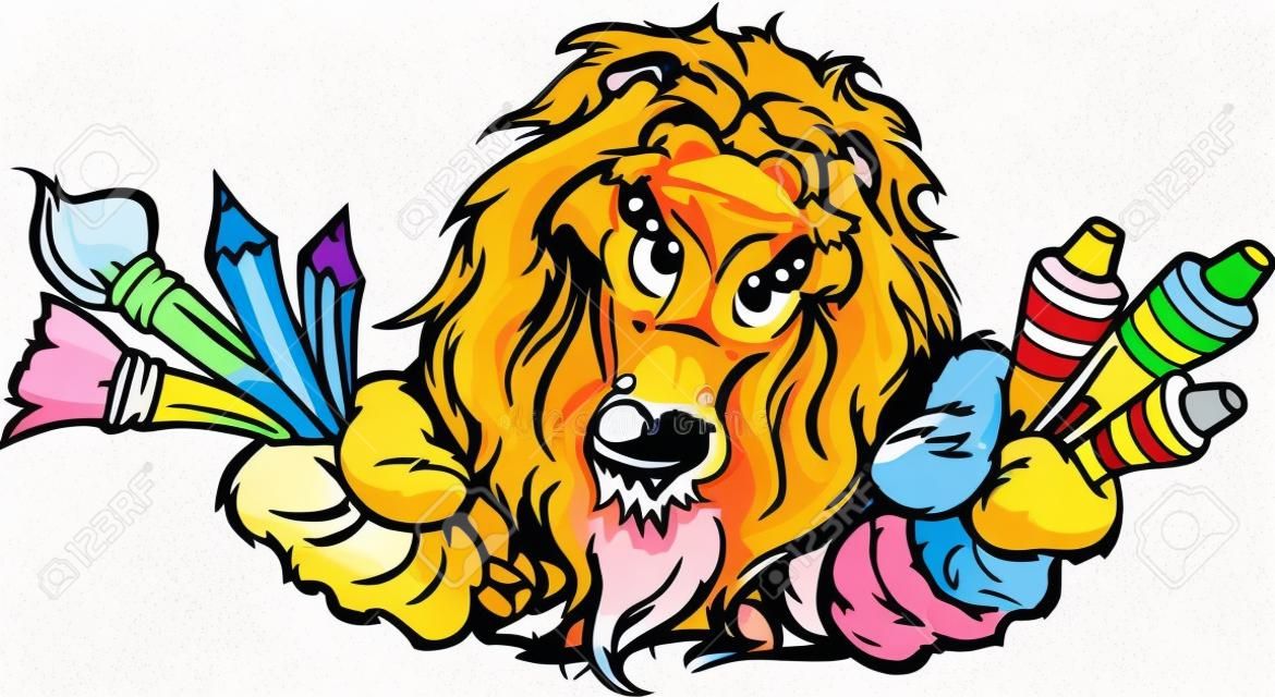 Kindergarten School Lion con lápices y pinceles, y suministros de arte en las patas sonriente Ilustración Vector Mascot
