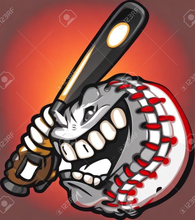 Cartoon Baseball Ball Face Holding Baseball Bat Illustratie