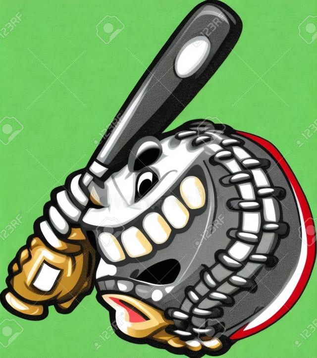 Baseball Viso Cartoon Palla Tenendo Mazza da baseball Illustrazione