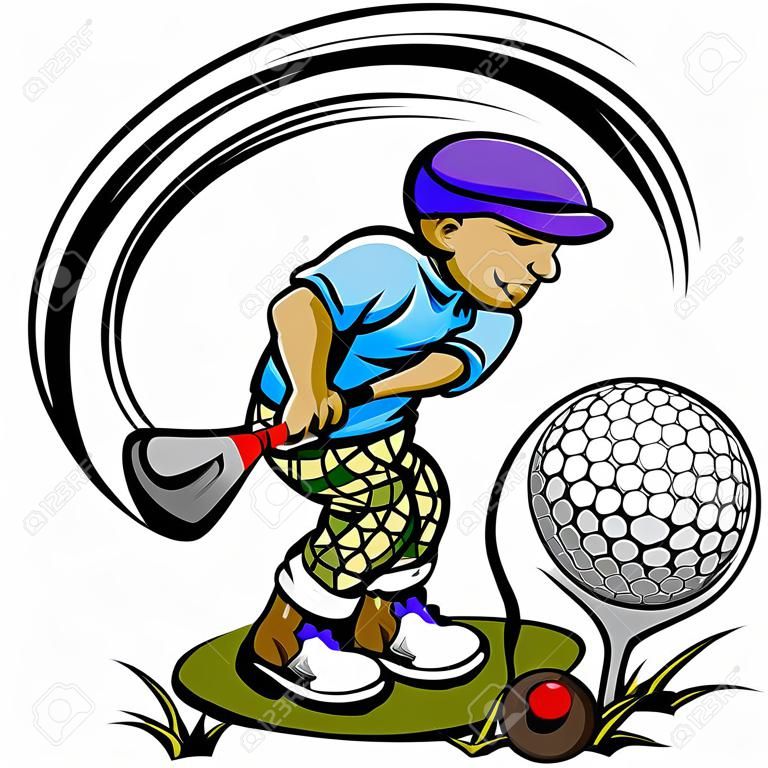 Cartoon jugador de golf golpeando la bola con la bola de golf en el conductor y el Tee ilustración vectorial