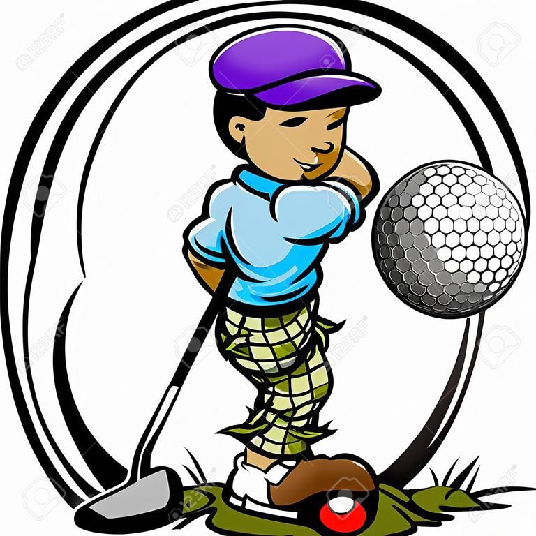 卡通高爾夫球員的發球關閉與球桿和高爾夫球的發球矢量圖