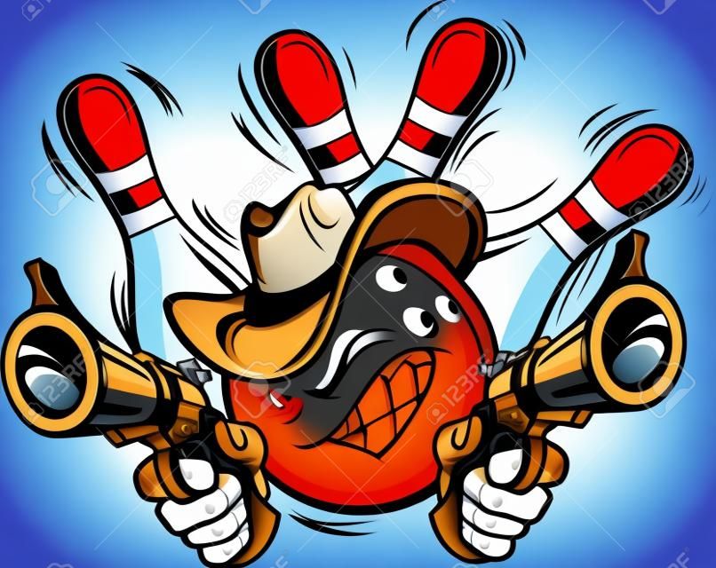 Bowling Ball Cartoon Face with Cowboy Hat Holding and Aiming Guns with bowling Pins Behind Him 