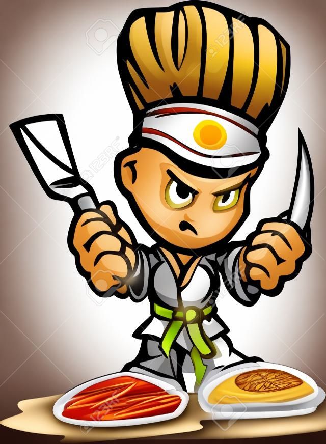 Hibachi Grill Chef with Determined Face and Cooking Utinsils Cartoon Image
