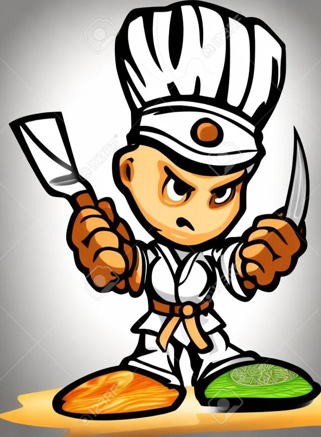 Hibachi Grill Chef with Determined Face and Cooking Utinsils Cartoon Image