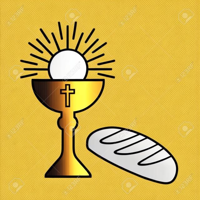 illustrazione vettoriale dorata del calice della santa comunione e dell'icona del pane