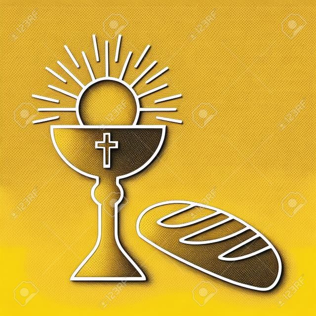 dourado santo comunhão cálice e pão ícone ilustração vetorial