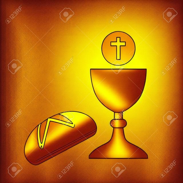 golden holy communion chalice and bread icon vector illustration