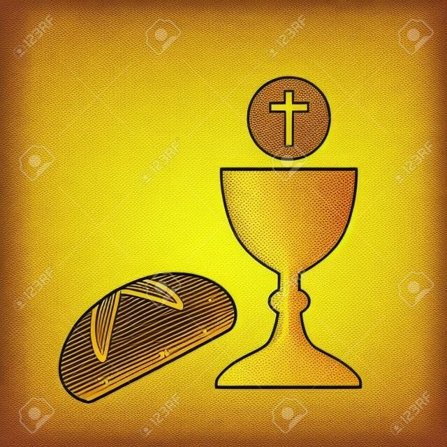 golden holy communion chalice and bread icon vector illustration
