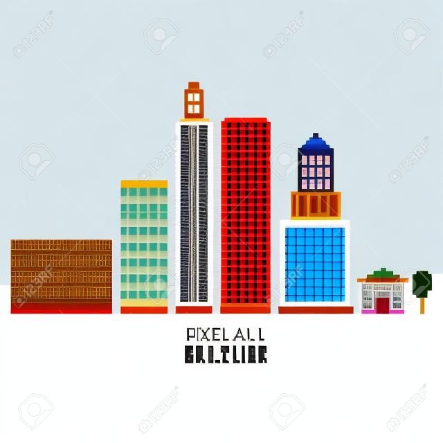 Pixel art buildings, skyscrappers and small house isolated on white background