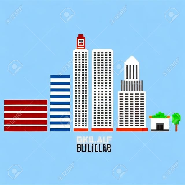 Pixel art buildings, skyscrappers and small house isolated on white background