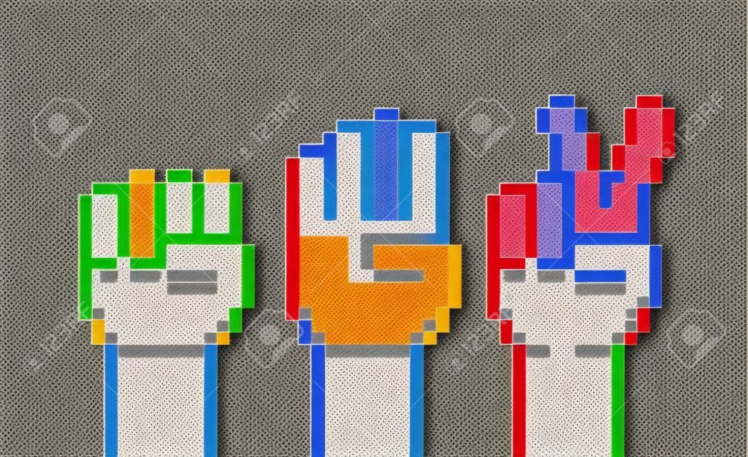 Pixel art kéz mutató kő, papír, olló játék gesztusok
