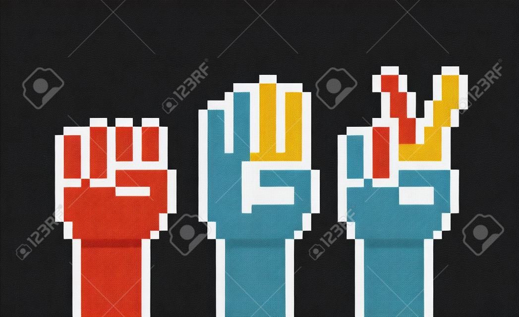 Manos del arte del pixel que muestran tijeras de papel de rock gestos juego