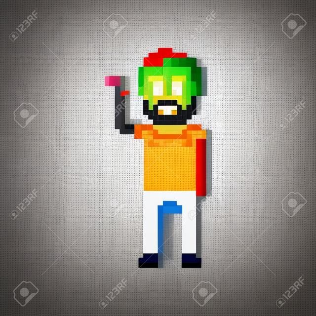 Pixel art feliz barbudo cara com braço levantado