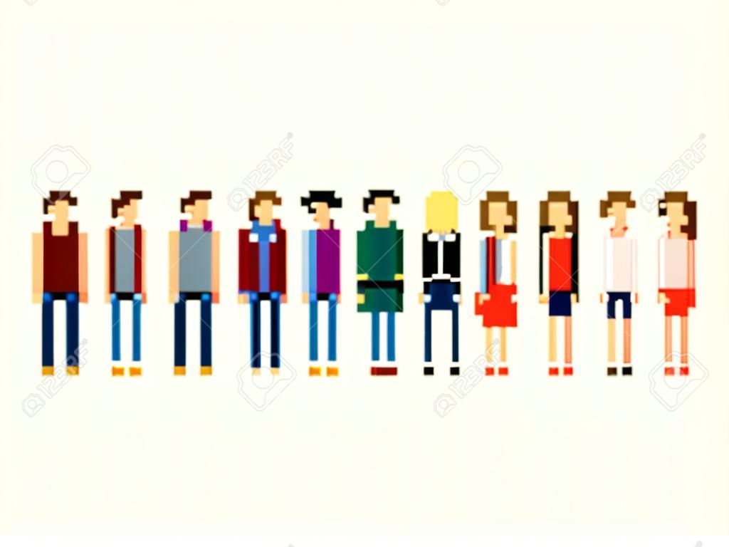 Pixel people. Different 8-bit pixel characters, male and female, isolated on light background