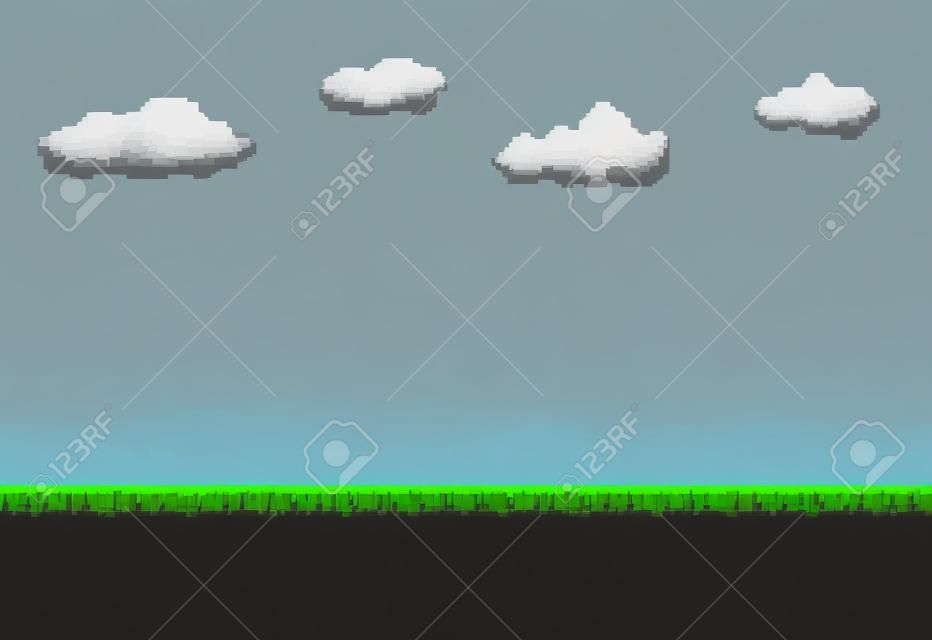 Píxel del fondo arte del juego con tierra, hierba, cielo y las nubes