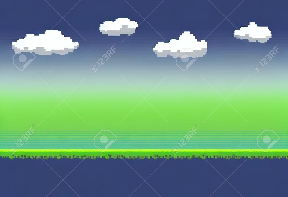 Pixel art di gioco sfondo con la terra, l'erba, il cielo e le nuvole