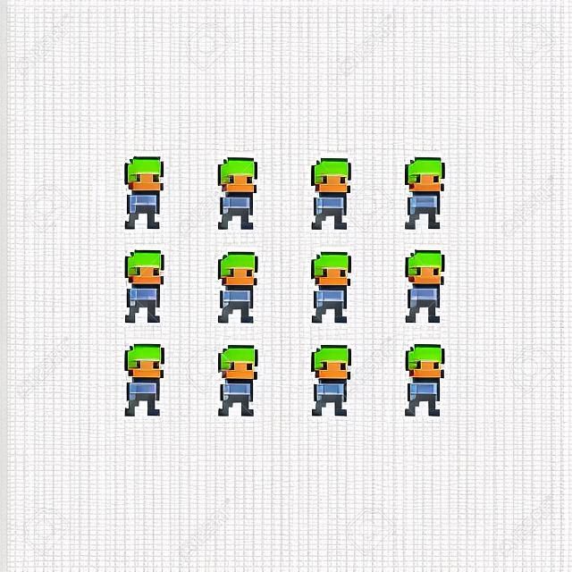 Pixel art boy idle animation sprite sheet, set of male characters isolated on white background