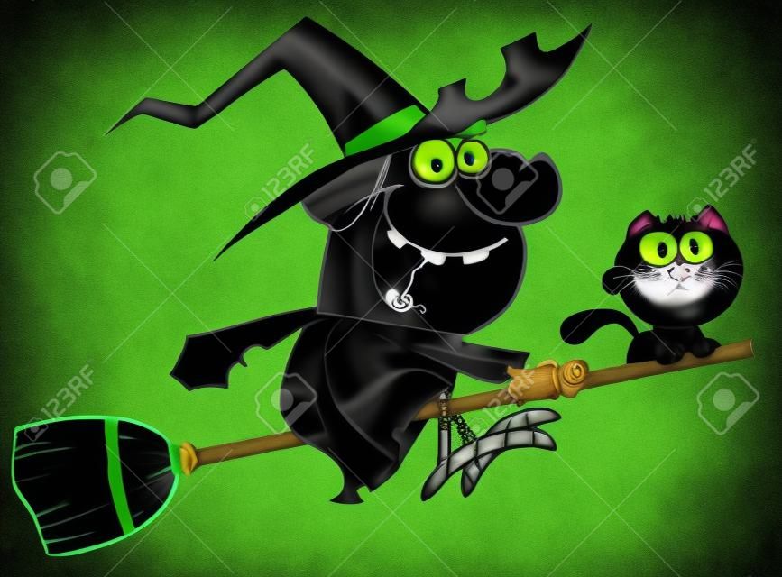 Wicked Halloween Witch And Cat Flying On A Broom Stick
