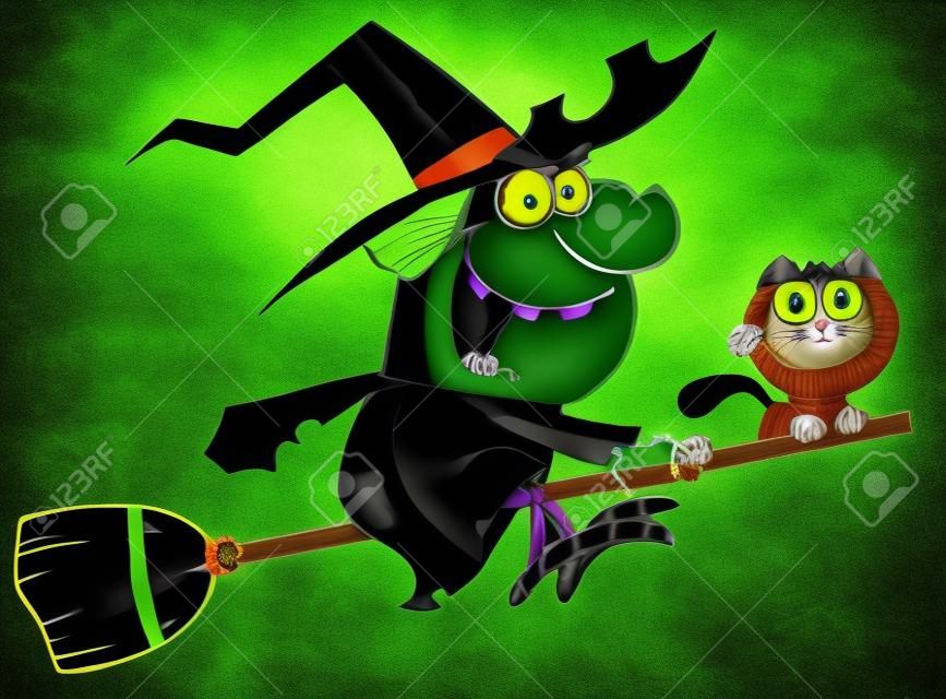 Wicked Halloween Witch I Cat pÅ‚ywajÄ…cych pod na Stick miotÅ‚a