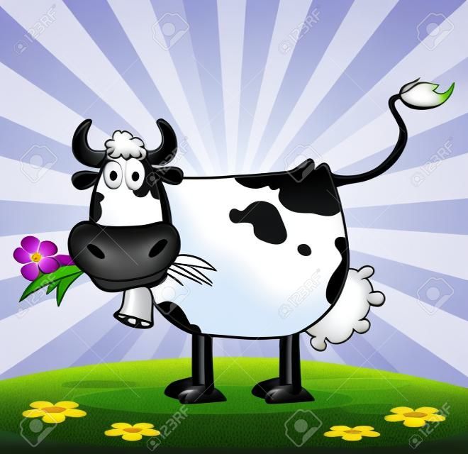 Cartoon vaca leiteira com flor na boca em um meadow