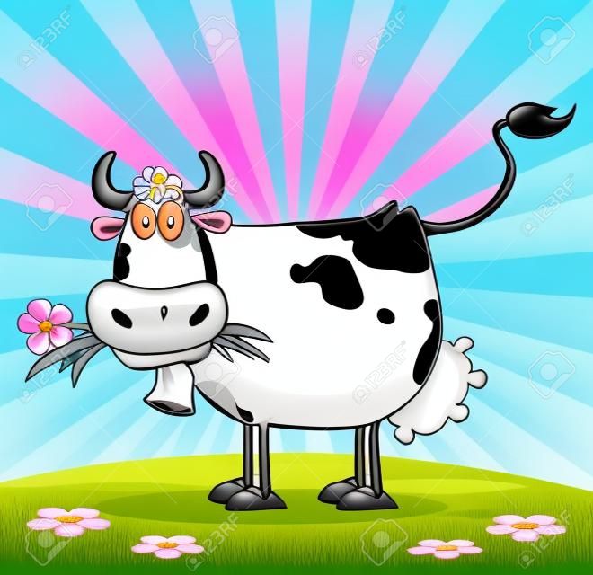 Bir Meadow On Ağız Çiçek ile karikatür Süt Sığırı
