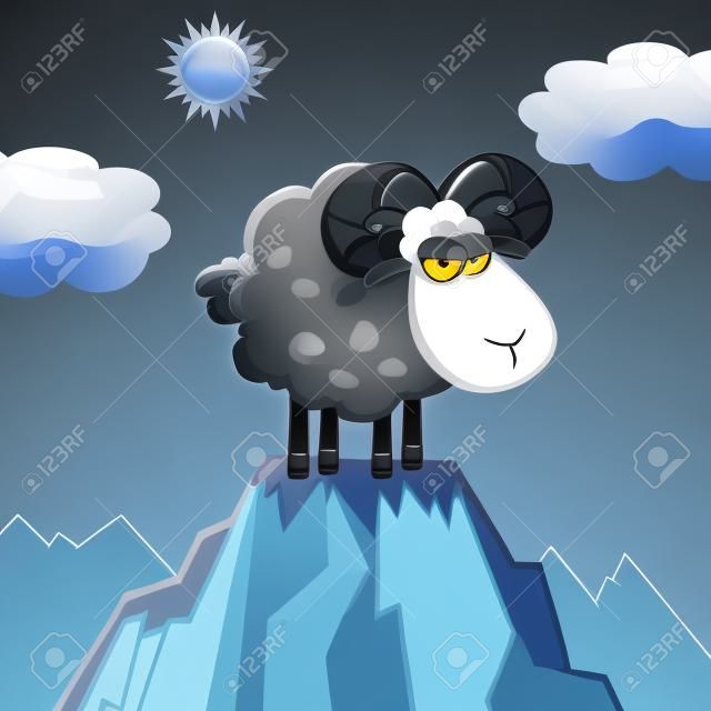 Verärgerter schwarzer Ram Schaf-Karikatur-Maskottchen-Buchstaben auf dem Gipfel eines Berges