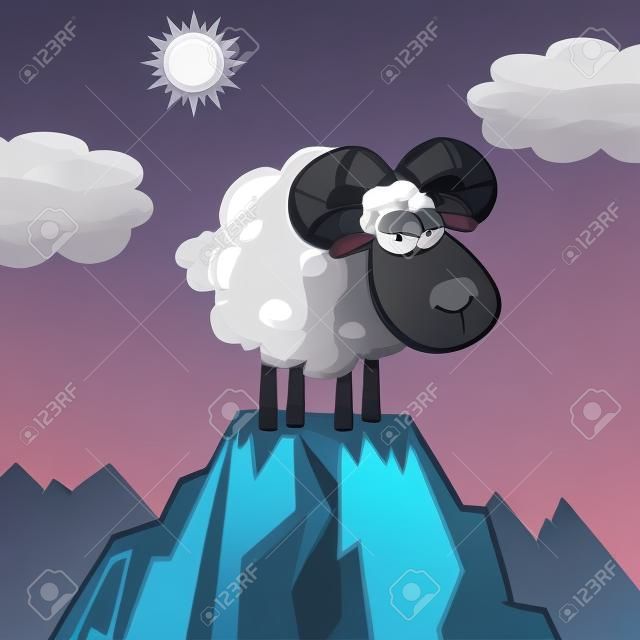 Verärgerter schwarzer Ram Schaf-Karikatur-Maskottchen-Buchstaben auf dem Gipfel eines Berges