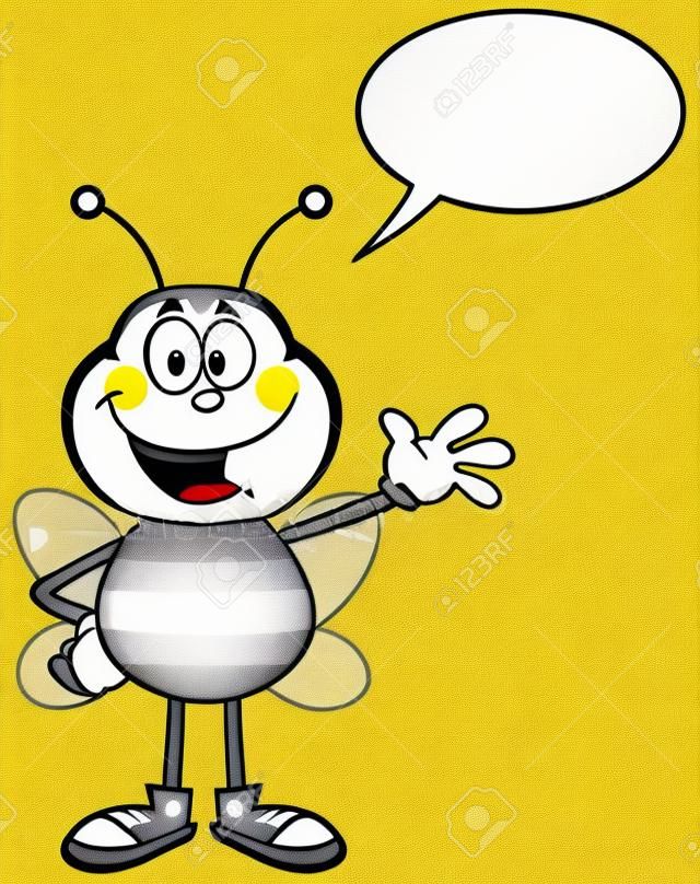 Glücklicher Bienen-Karikatur-Maskottchen-Buchstaben Winken. Illustration, isoliert auf weiss mit Sprechblase