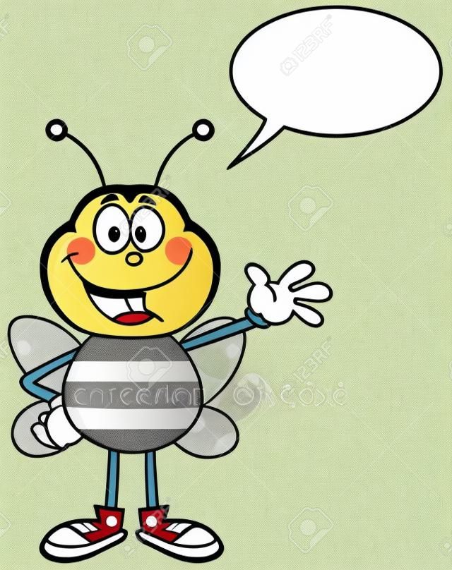행복 꿀벌 만화 마스코트 캐릭터 흔들며. 연설 거품 화이트에 고립 된 그림