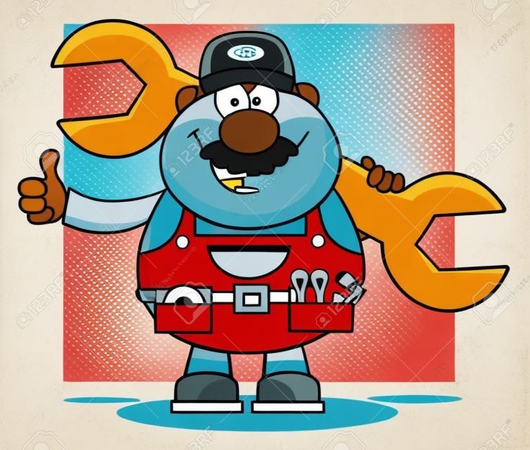 Afro-Amerikaanse mechanische cartoon karakter vasthouden enorme moersleutel en het geven van een duim omhoog. Illustratie met achtergrond