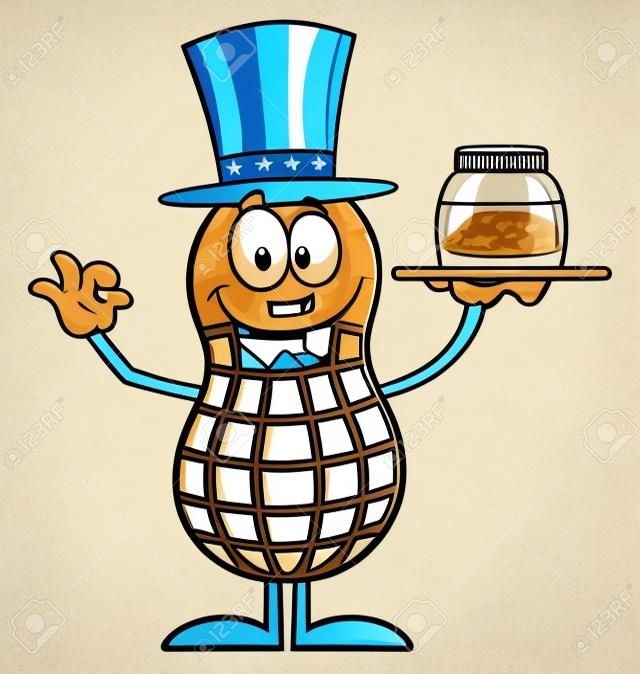 American Peanut Cartoon Character Holding A Jar Of Peanut Butter. Illustration Isolated On White