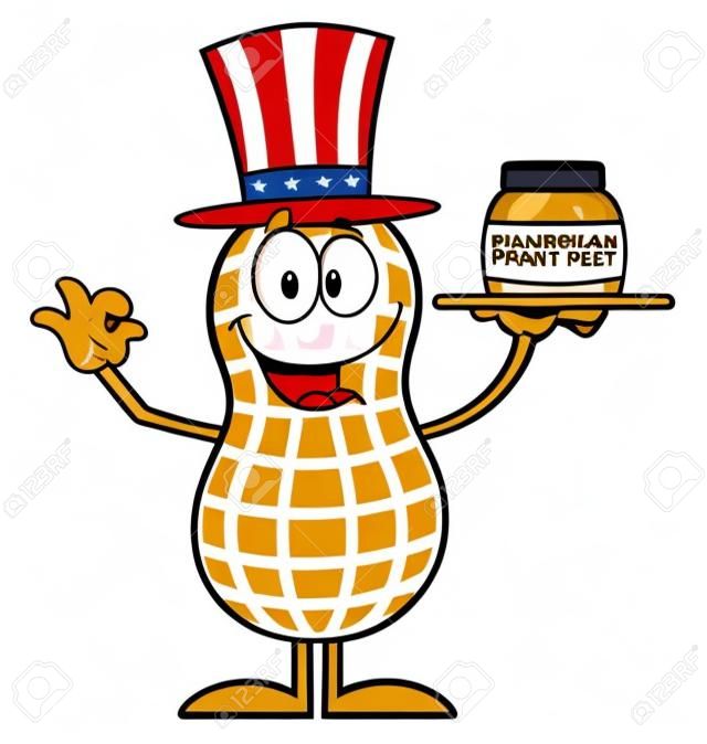 American Peanut Cartoon Character Holding A Jar Of Peanut Butter. Illustration Isolated On White